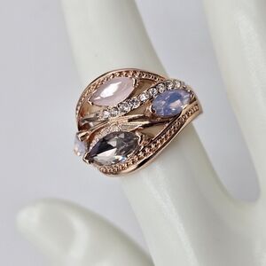 Swarovski Crystal Elements Multi-Stone Rose Gold Ring Pink Blue Purple Size 7